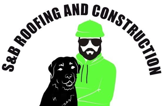 S&B Roofing and Construction Logo, man in lime green hoodie with a hat on and a black dog at his side